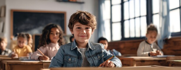 The cheerful boy in a classroom engaging with his peers and learning.