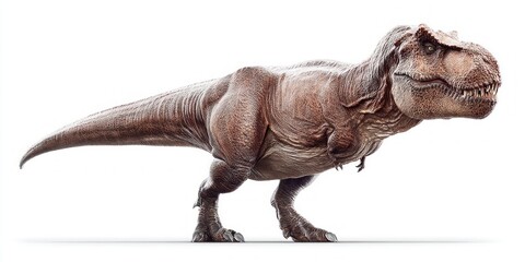 Fototapeta premium This detailed studio image showcases a Tyrannosaurus Rex, isolated against a clean white background, showing its imposing form and features.