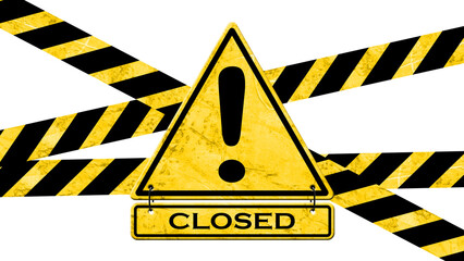 CLOSED! Lettering on a warning sign with caution tapes in black yellow colour on transparent background - 3D illustration