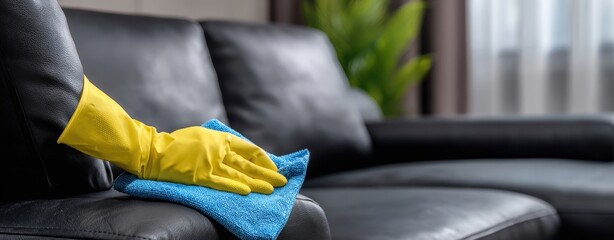 The person cleaning a leather couch with a microfiber cloth and rubber gloves.