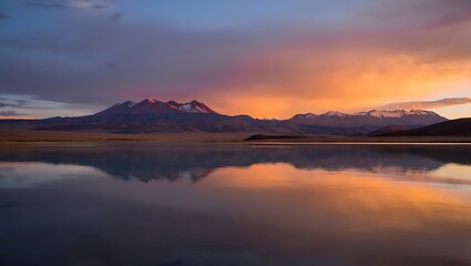Fototapeta premium Dramatic Mountain Range Reflected in Serene Lake at Golden Sunset Creating a Tranquil Landscape Perfect for Travel and Adventure Imagery