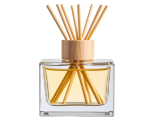Elegant glass diffuser bottle with reed sticks, isolated on a transparent background