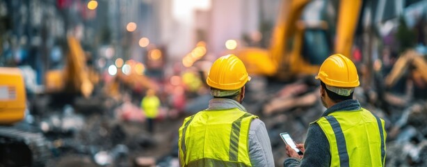The construction workers assessing the site while using mobile devices for updates.