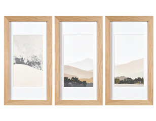 Fototapeta premium Set of three minimalist wall art frames with abstract prints, isolated on a transparent background