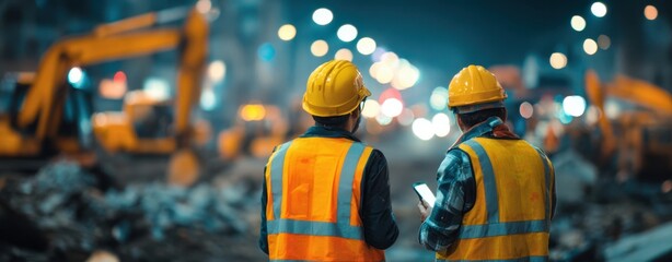 The construction workers assessing the project site at night with bright lights.