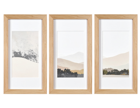 Set of three minimalist wall art frames with abstract prints, isolated on a transparent background