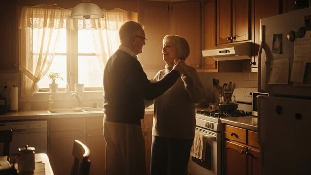 Elderly couple dances romantically in their sunlit kitchen