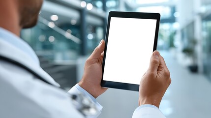 Male doctor physician medical worker holding digital tablet in hands looking at white blank empty mockup screen working in hospital. E health technology mock up concept. Over .