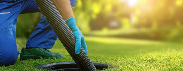 The technician performs maintenance on a sewer system in a lush garden.