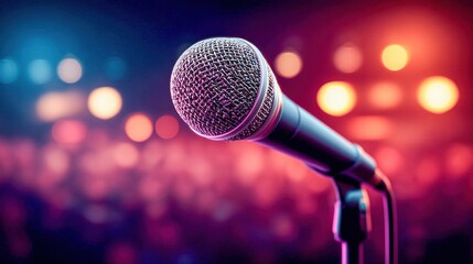 Close-up shot of a microphone on stage, bathed in vibrant stage lights. Perfect for music and entertainment concepts, concert promotions.