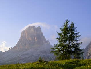 Passo Giau and mountain of Averau, hiking in the Alta via 1, in the Dolomites of Italy.