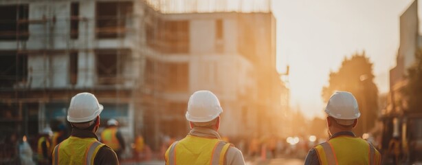 The construction workers observing progress at a site during sunset.
