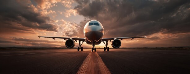 The airplane preparing for takeoff under a dramatic sunset sky.