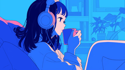 懐かしさと新しさが共存する世界を描いたアニメーションスタイルの作品｜昭和や平成のシティポップを彷彿とさせる音楽と共にヘッドフォンで癒しの時間を楽しむ少女を描いたレトロモダンな情景イラスト