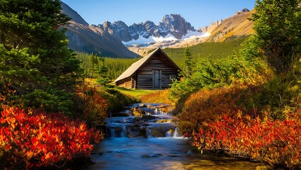 Idyllic mountain cabin nestled amidst vibrant autumn foliage with a crystal clear stream and snow capped peaks offering peaceful retreat