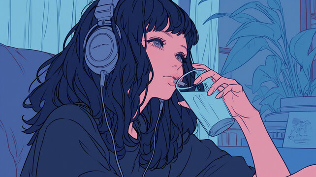 アナログ感とデジタルの狭間で揺れる感性を描いた日本アニメ風イラスト｜シティポップと共にヘッドフォンで音楽に包まれながら過ごす少女の癒しのひとときを昭和と平成の空気感で丁寧に表現した作品