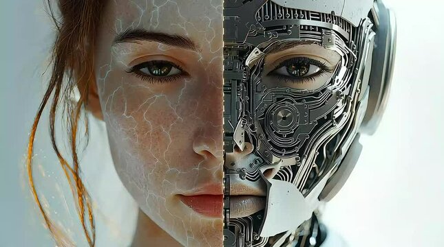 A split image showing a young woman with long brown hair on one side and a robotic face on the other. The human side has a cracked surface, symbolizing the blend of humanity and technology.
