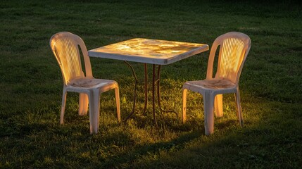 Two plastic chairs beside a glowing table, creating a warm and inviting outdoor atmosphere.