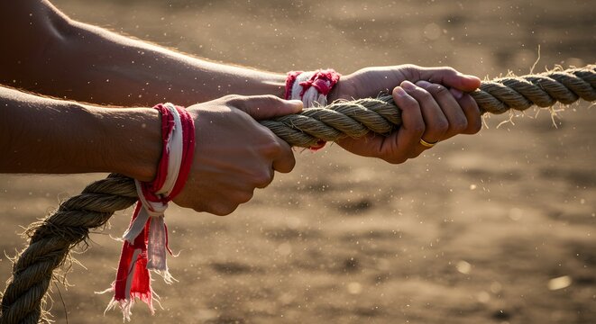Hands gripping a thick rope, symbolizing strength, effort, and competition in a team challenge or tug-of-war game outdoors.