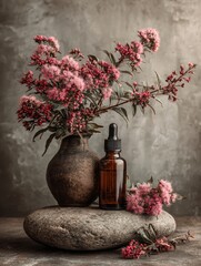 Amber Dropper Bottle with Floral Composition on Stone Background