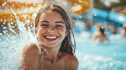 Obraz premium Happy young woman in bikini with rubber inflatable float, playing and having a good time at water fun park pool, on a summer hot day