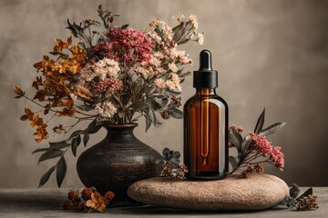 Amber Dropper Bottle with Floral Composition on Stone Background
