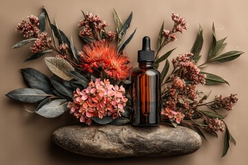 Amber Dropper Bottle with Floral Composition on Stone Background