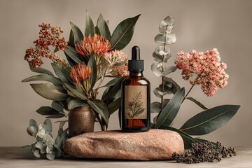 Amber Dropper Bottle with Floral Composition on Stone Background
