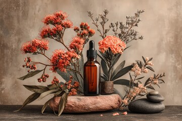 Amber Dropper Bottle with Floral Composition on Stone Background