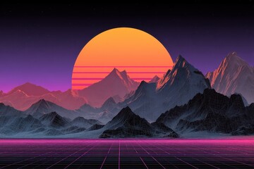 Synthwave Sunset. Futuristic 80s Style Science Fiction Illustration with Purple Background