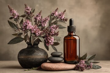 Amber Dropper Bottle with Floral Composition on Stone Background