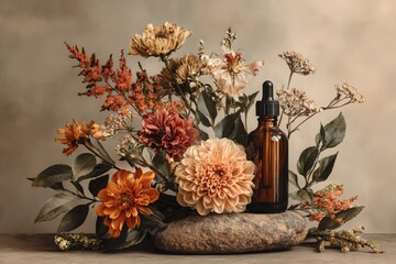 Amber Dropper Bottle with Floral Composition on Stone Background