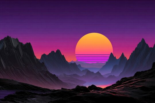 Synthwave Sunset. Retro Futuristic Sci-Fi Illustration with Style Design Elements