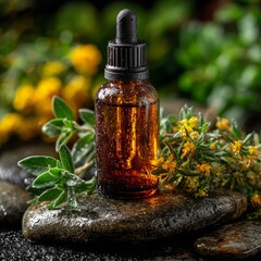 Amber Dropper Bottle with Floral Composition on Stone Background