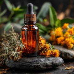 Amber Dropper Bottle with Floral Composition on Stone Background