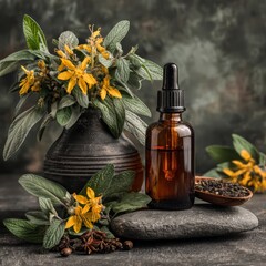 Amber Dropper Bottle with Floral Composition on Stone Background