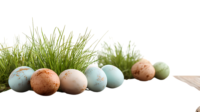 Assortment of colorful speckled bird eggs arranged in a row on a dark surface with greenery isolated on transparent background