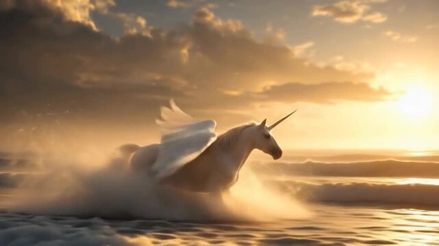 A majestic winged unicorn gallops through the ocean at sunset, with vibrant clouds and shimmering waves in the background.