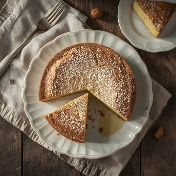 Flat Lay of Portuguese Toucinho do C&eacute;u Almond Cake with Powdered Sugar on Vintage Plate