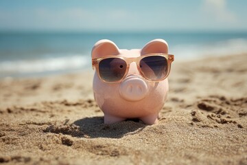 Tax Vacation. Baby Piggy Bank Wearing Sunglasses on Beach: Saving for Summer Getaway