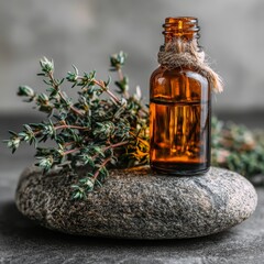 Amber Dropper Bottle with Floral Composition on Stone Background