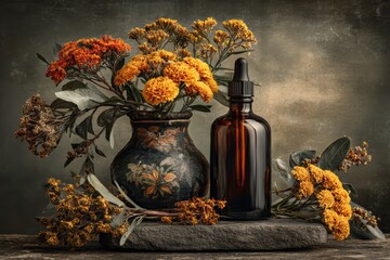Amber Dropper Bottle with Floral Composition on Stone Background