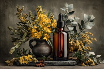 Amber Dropper Bottle with Floral Composition on Stone Background