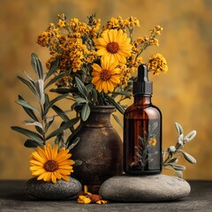 Amber Dropper Bottle with Floral Composition on Stone Background