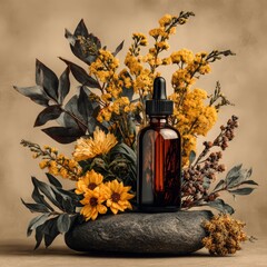Amber Dropper Bottle with Floral Composition on Stone Background