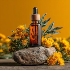 Amber Dropper Bottle with Floral Composition on Stone Background