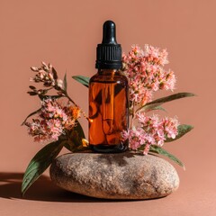 Amber Dropper Bottle with Floral Composition on Stone Background