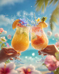 Hands holding cocktails, cheers, summer cocktails, cocktail party, cocktails on the beach