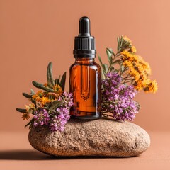 Amber Dropper Bottle with Floral Composition on Stone Background