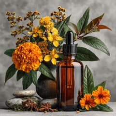 Amber Dropper Bottle with Floral Composition on Stone Background